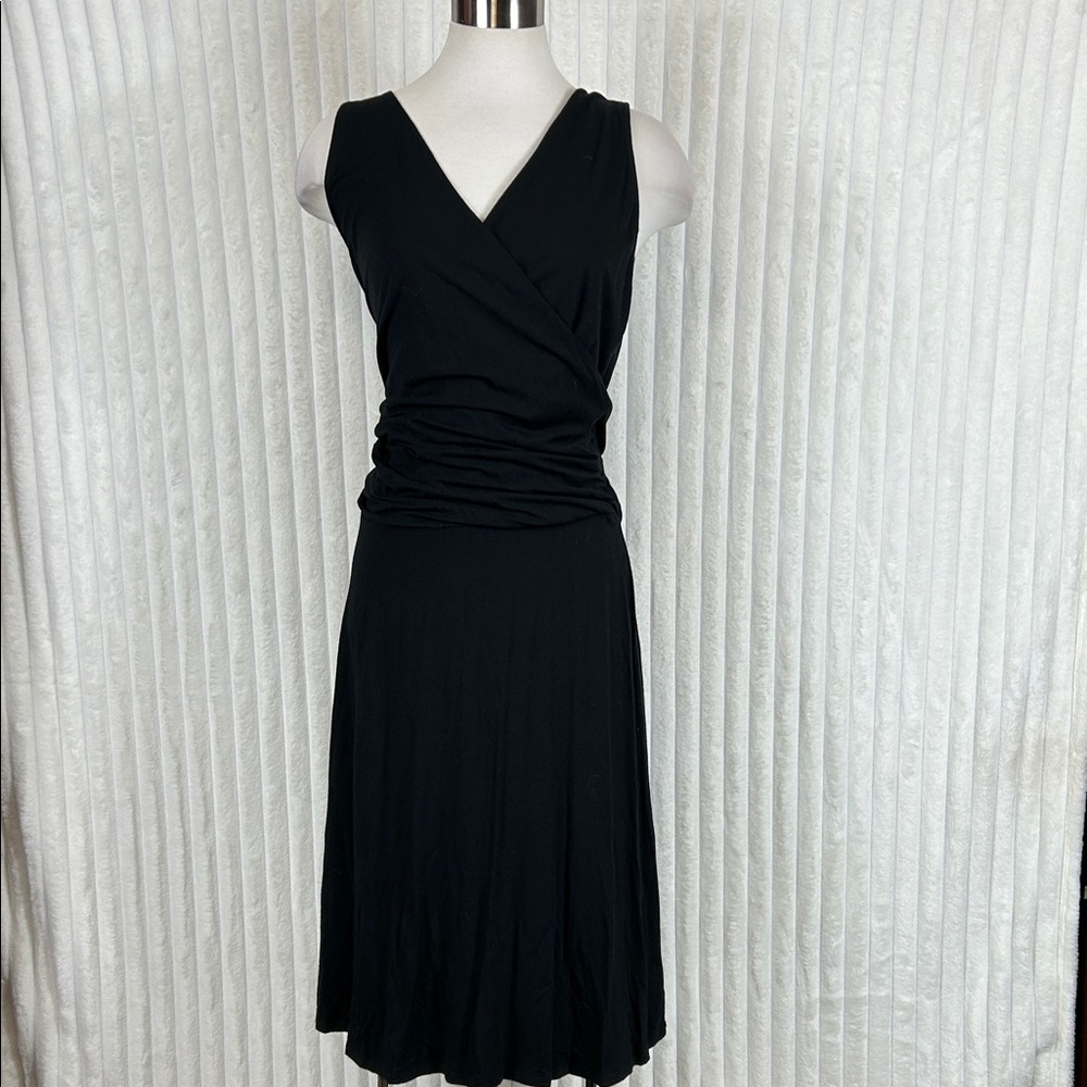 CAbi black sleeveless ruched faux-wrap midi dress L minimalist simple capsule